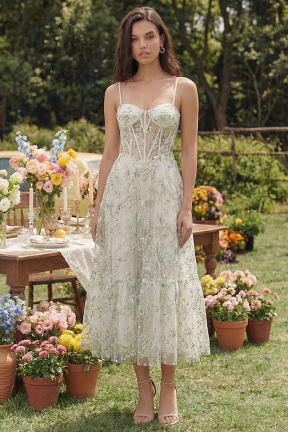 Elegant Spaghetti Strap Sweetheart Neck Corset Bodice Floral Embroidered Tiered Tulle Midi Prom Dress