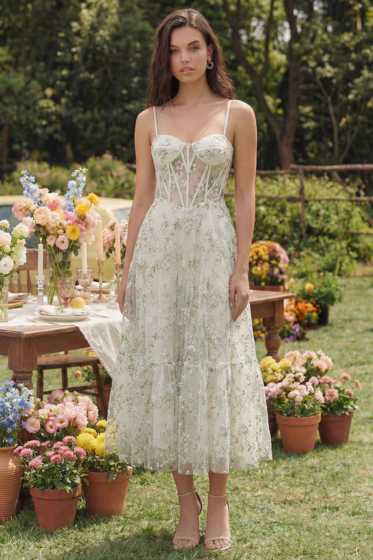 Elegant Spaghetti Strap Sweetheart Neck Corset Bodice Floral Embroidered Tiered Tulle Midi Prom Dress
