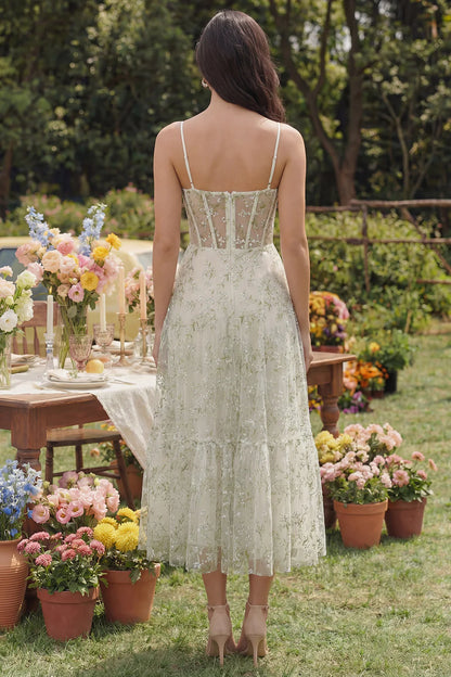 Elegant Spaghetti Strap Sweetheart Neck Corset Bodice Floral Embroidered Tiered Tulle Midi Prom Dress