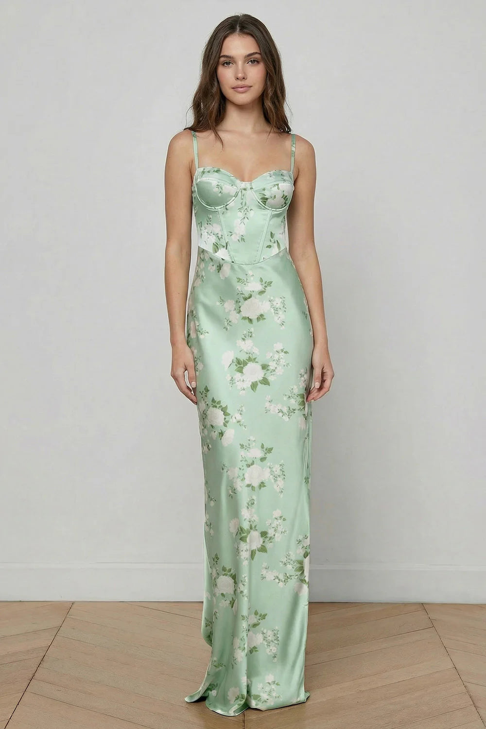 Elegant Spaghetti Strap Sweetheart Neck Corset Bodice Floral Print Lace Up Back Satin Maxi Prom Dress