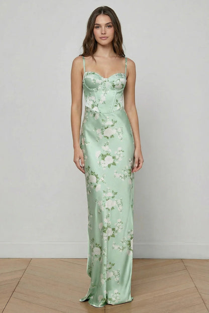 Elegant Spaghetti Strap Sweetheart Neck Corset Bodice Floral Print Lace Up Back Satin Maxi Prom Dress