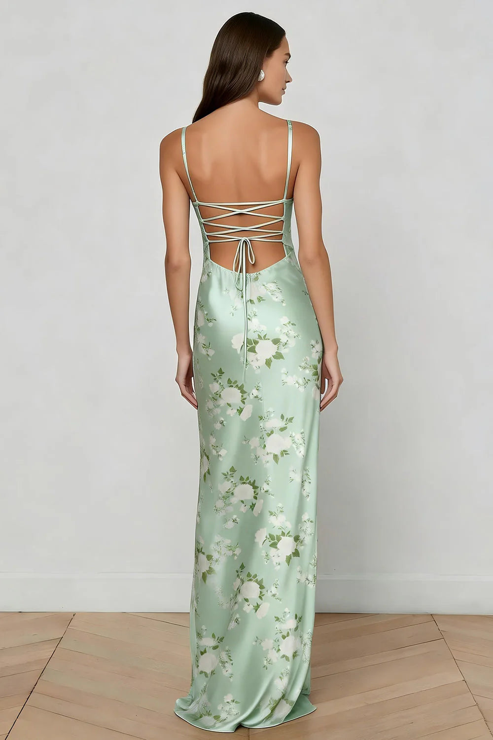 Elegant Spaghetti Strap Sweetheart Neck Corset Bodice Floral Print Lace Up Back Satin Maxi Prom Dress