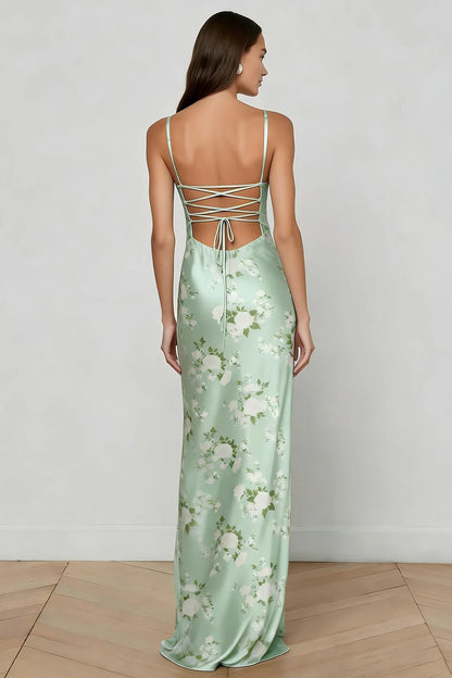 Elegant Spaghetti Strap Sweetheart Neck Corset Bodice Floral Print Lace Up Back Satin Maxi Prom Dress