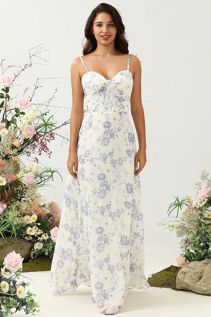 Elegant Spaghetti Strap Sweetheart Neck Floral Print Chiffon Back Tie Evening Dress