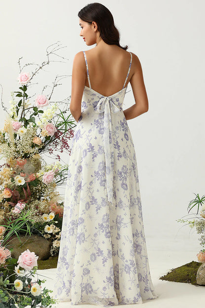 Elegant Spaghetti Strap Sweetheart Neck Floral Print Chiffon Back Tie Evening Dress