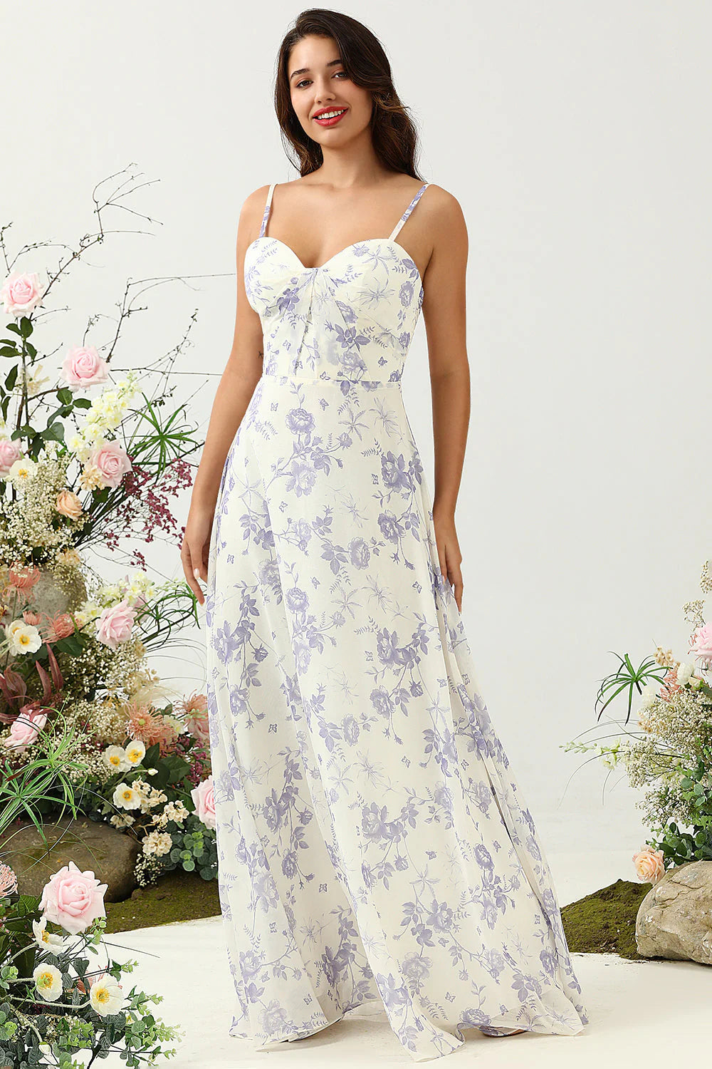 Elegant Spaghetti Strap Sweetheart Neck Floral Print Chiffon Back Tie Evening Dress