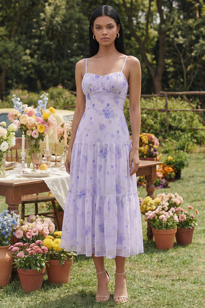 Elegant Spaghetti Strap Sweetheart Neck Floral Print Tiered Chiffon Midi Prom Dress