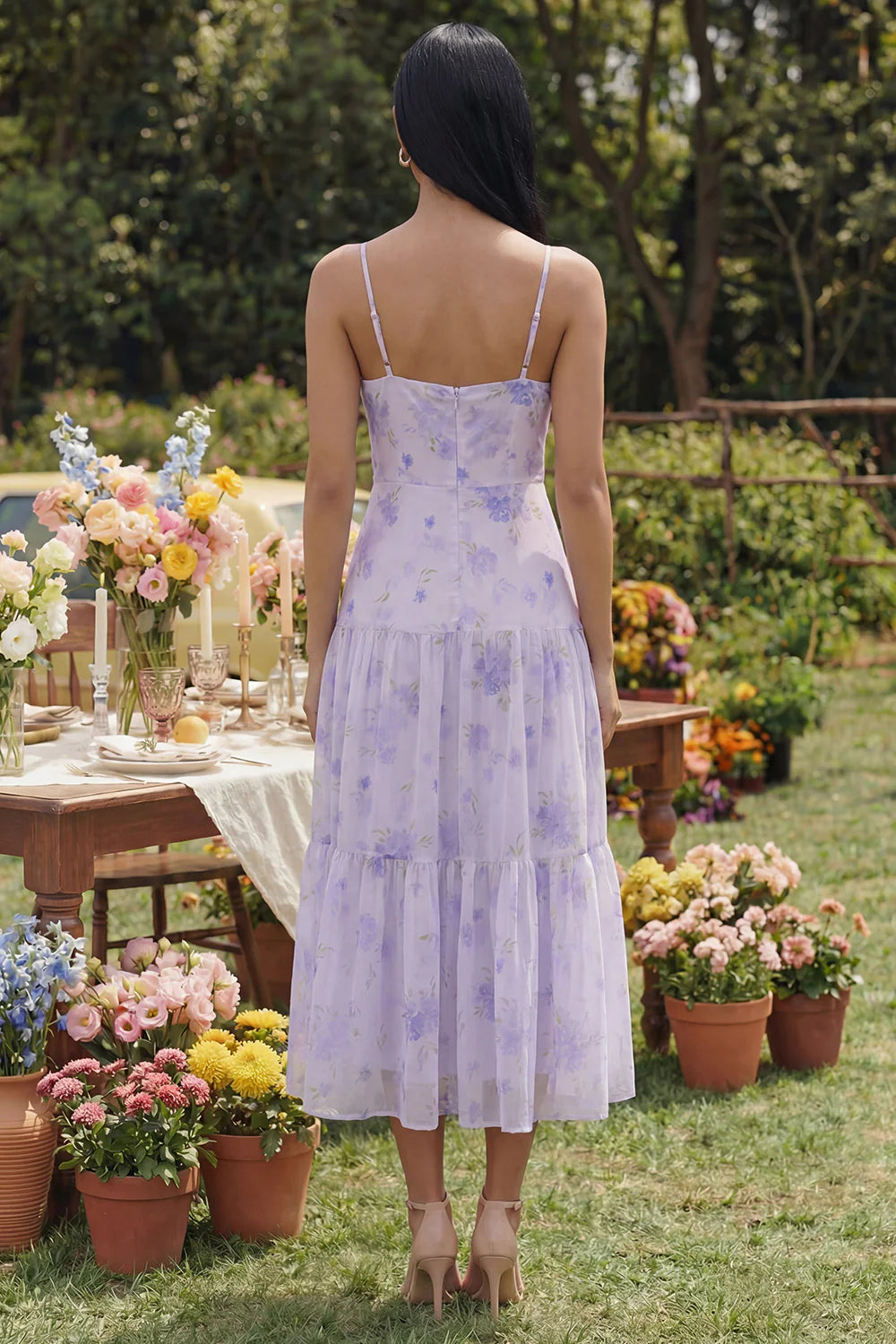 Elegant Spaghetti Strap Sweetheart Neck Floral Print Tiered Chiffon Midi Prom Dress
