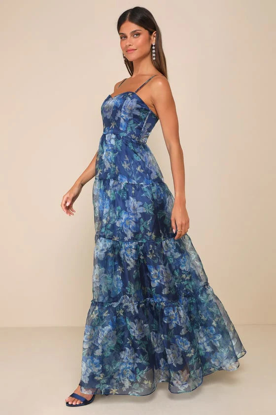 Elegant Spaghetti Strap Sweetheart Neck Floral Print Tiered Maxi Prom Dress For Formal Evening Gala Wedding Guest Bridesmaid