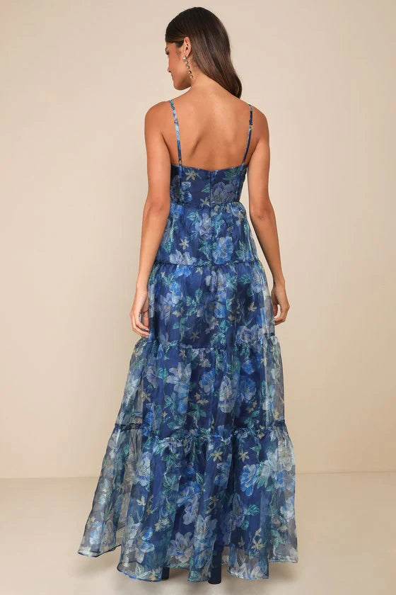 Elegant Spaghetti Strap Sweetheart Neck Floral Print Tiered Maxi Prom Dress For Formal Evening Gala Wedding Guest Bridesmaid