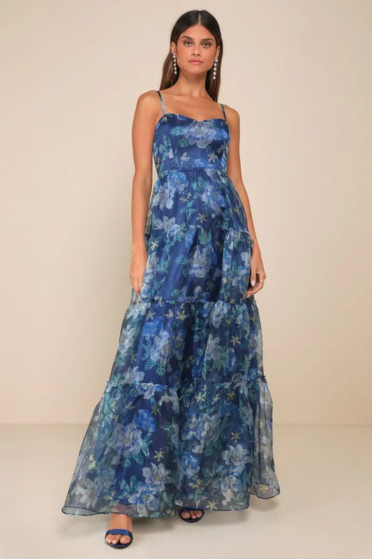 Elegant Spaghetti Strap Sweetheart Neck Floral Print Tiered Maxi Prom Dress For Formal Evening Gala Wedding Guest Bridesmaid