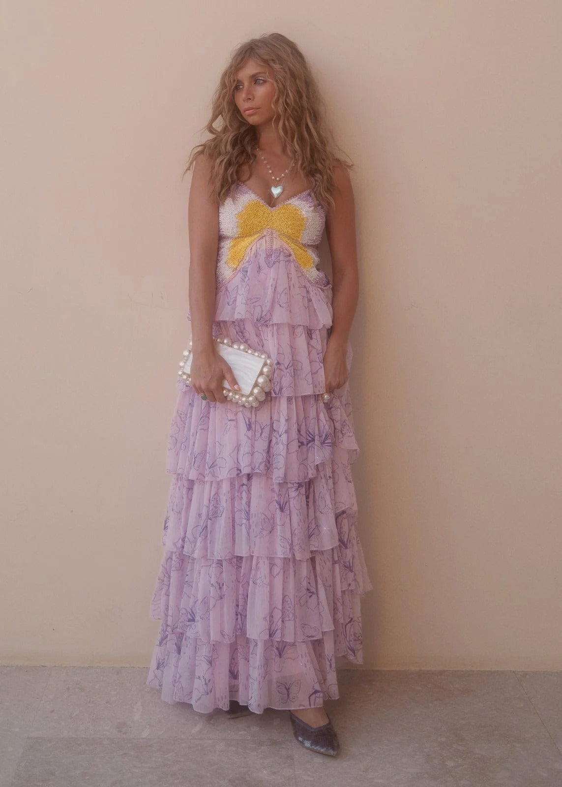 Elegant Spaghetti Strap Sweetheart Neck Open Back Beaded Butterfly Detail Floral Print Tiered Tulle Maxi Evening Dress For Formal Evening Prom Wedding Guest Bridesmaid Cocktail Party Gala