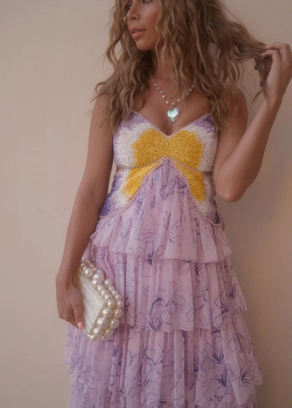 Elegant Spaghetti Strap Sweetheart Neck Open Back Beaded Butterfly Detail Floral Print Tiered Tulle Maxi Evening Dress For Formal Evening Prom Wedding Guest Bridesmaid Cocktail Party Gala