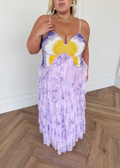 Elegant Spaghetti Strap Sweetheart Neck Open Back Beaded Butterfly Detail Floral Print Tiered Tulle Maxi Evening Dress For Formal Evening Prom Wedding Guest Bridesmaid Cocktail Party Gala