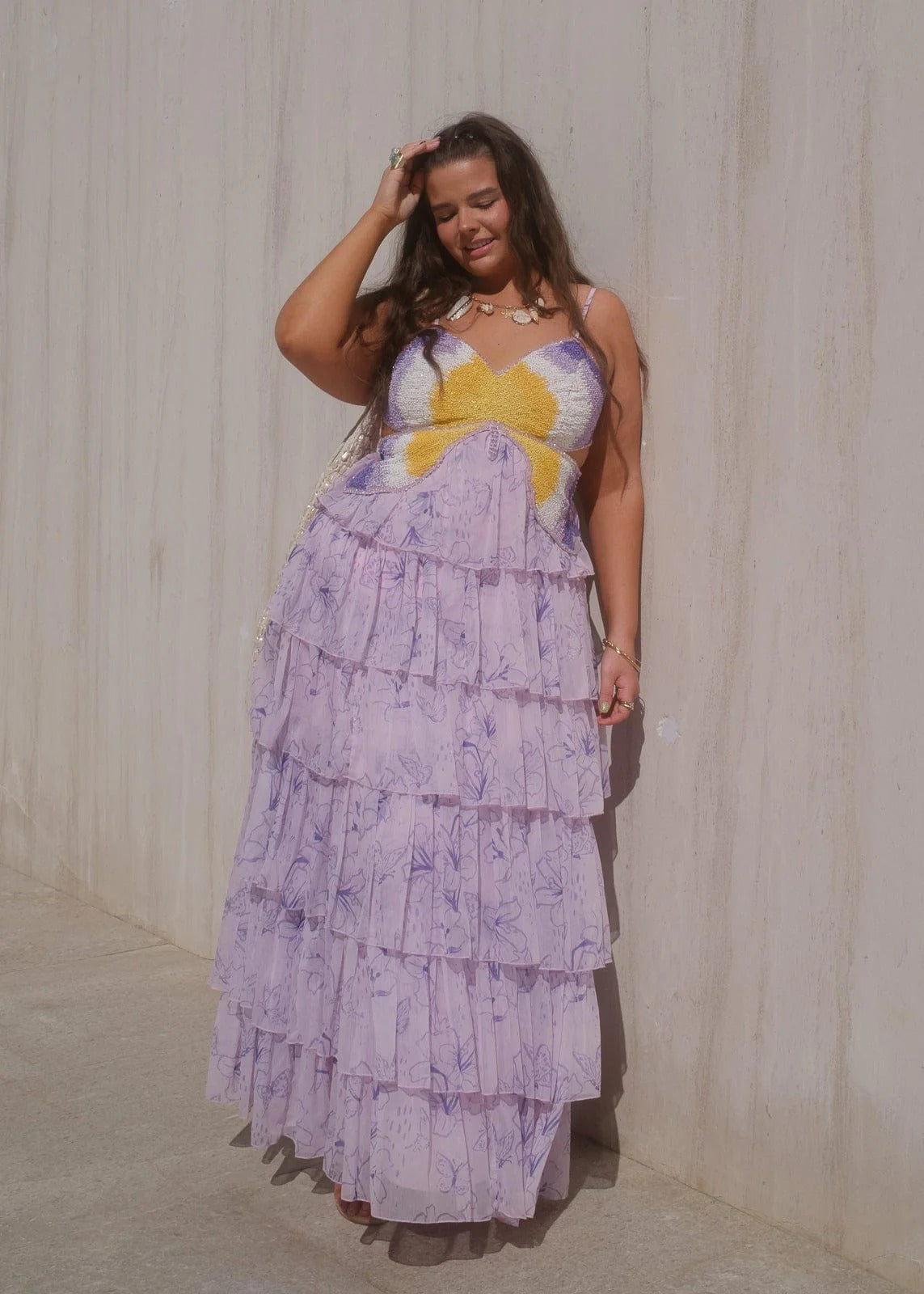 Elegant Spaghetti Strap Sweetheart Neck Open Back Beaded Butterfly Detail Floral Print Tiered Tulle Maxi Evening Dress For Formal Evening Prom Wedding Guest Bridesmaid Cocktail Party Gala