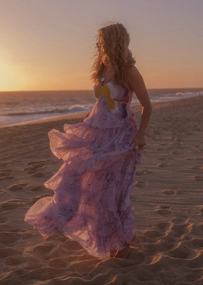 Elegant Spaghetti Strap Sweetheart Neck Open Back Beaded Butterfly Detail Floral Print Tiered Tulle Maxi Evening Dress For Formal Evening Prom Wedding Guest Bridesmaid Cocktail Party Gala