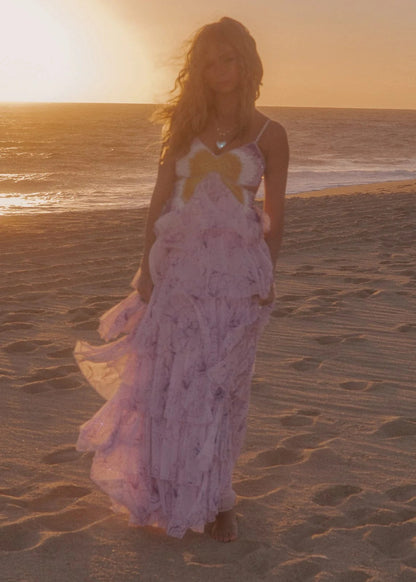 Elegant Spaghetti Strap Sweetheart Neck Open Back Beaded Butterfly Detail Floral Print Tiered Tulle Maxi Evening Dress For Formal Evening Prom Wedding Guest Bridesmaid Cocktail Party Gala