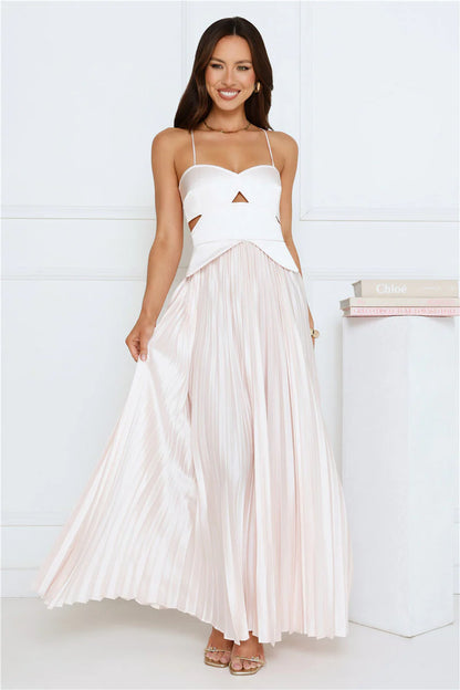 Elegant Spaghetti Strap Sweetheart Neck Open Back Cross Strap Cut Out Detail Pleated Satin Maxi Evening Dress For Formal Evening Prom Wedding Guest Bridesmaid Cocktail Party Gala