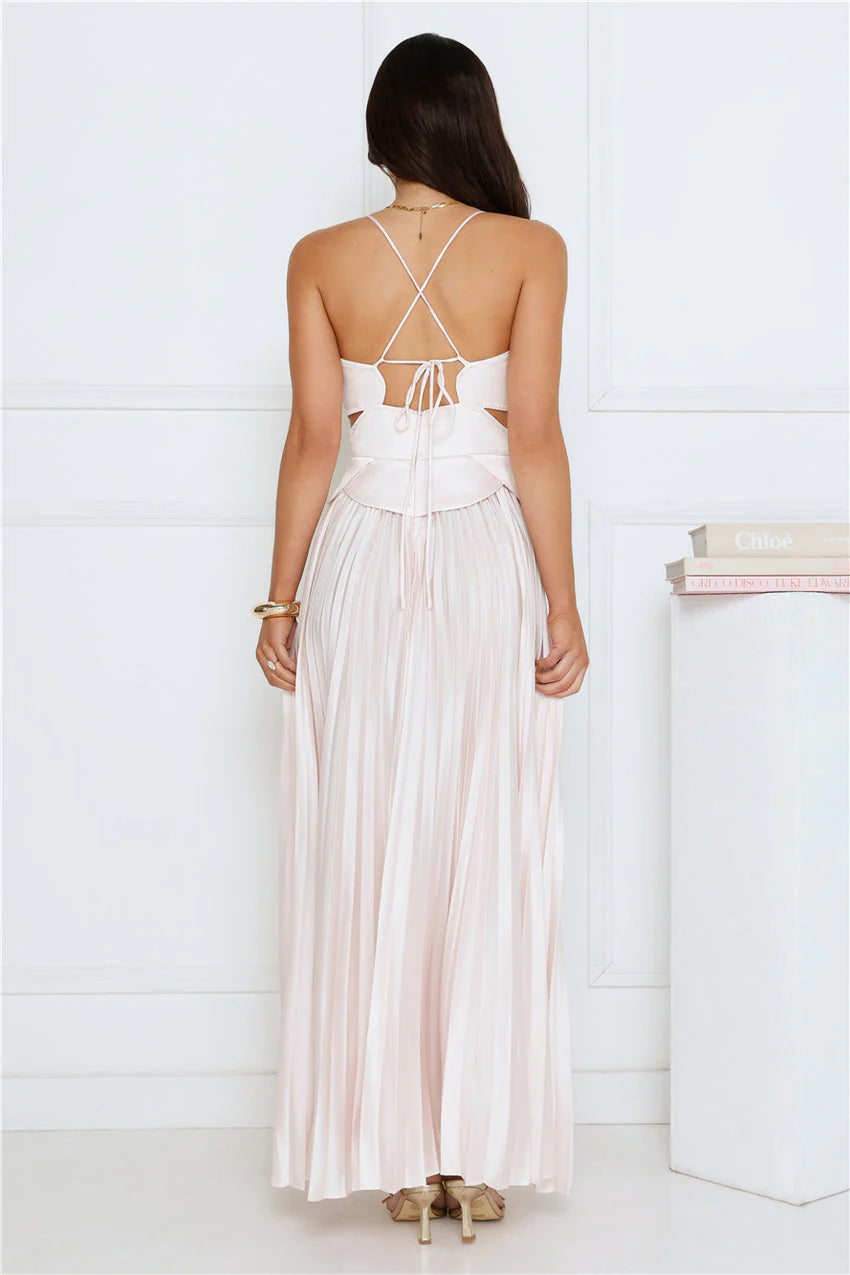 Elegant Spaghetti Strap Sweetheart Neck Open Back Cross Strap Cut Out Detail Pleated Satin Maxi Evening Dress For Formal Evening Prom Wedding Guest Bridesmaid Cocktail Party Gala