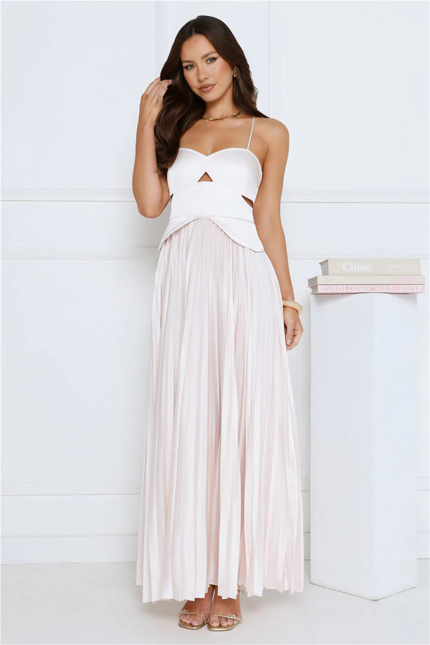 Elegant Spaghetti Strap Sweetheart Neck Open Back Cross Strap Cut Out Detail Pleated Satin Maxi Evening Dress For Formal Evening Prom Wedding Guest Bridesmaid Cocktail Party Gala