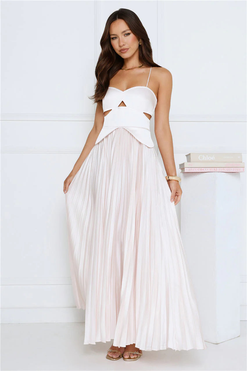 Elegant Spaghetti Strap Sweetheart Neck Open Back Cross Strap Cut Out Detail Pleated Satin Maxi Evening Dress For Formal Evening Prom Wedding Guest Bridesmaid Cocktail Party Gala