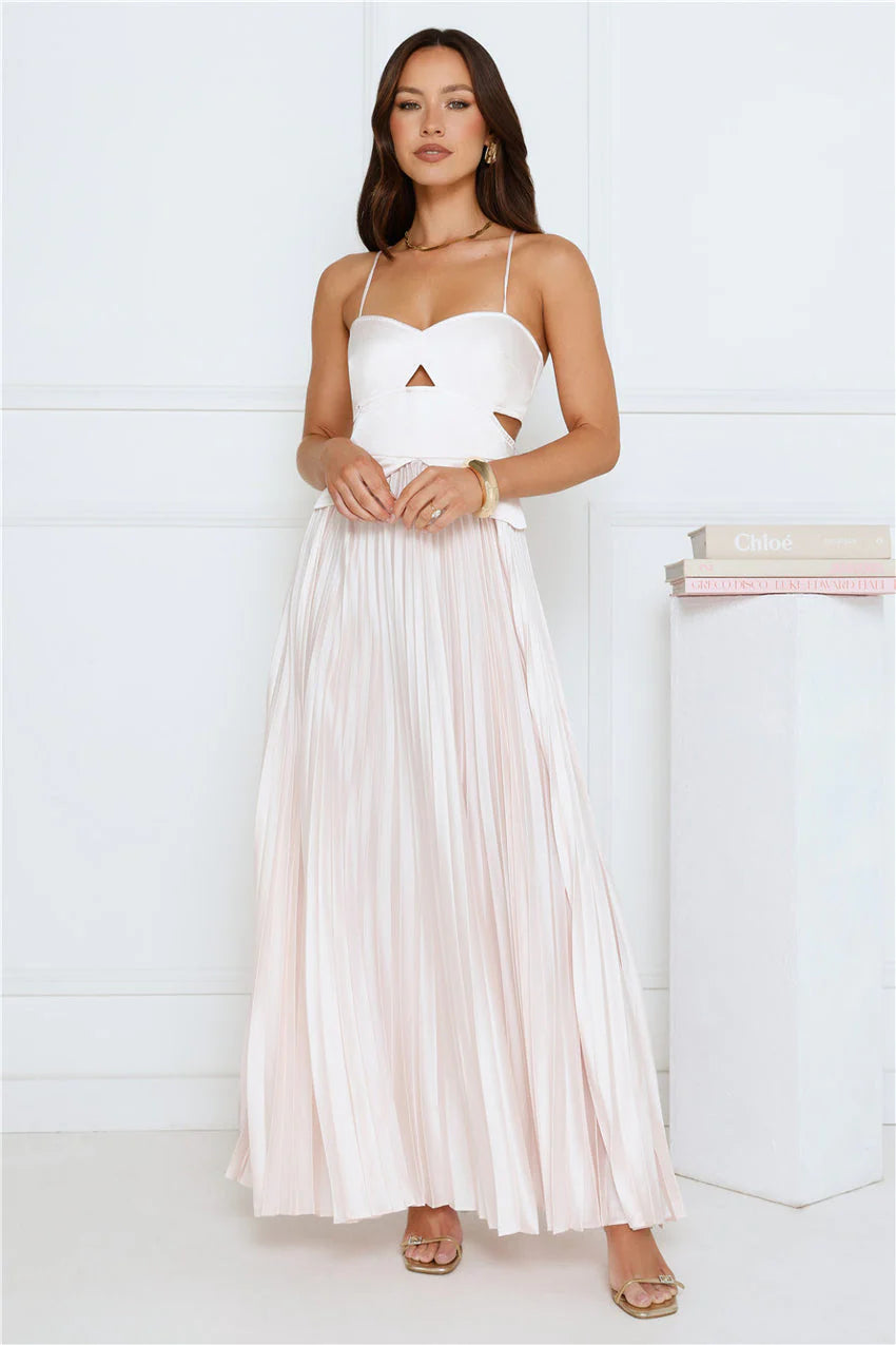 Elegant Spaghetti Strap Sweetheart Neck Open Back Cross Strap Cut Out Detail Pleated Satin Maxi Evening Dress For Formal Evening Prom Wedding Guest Bridesmaid Cocktail Party Gala