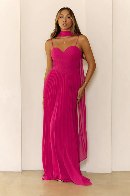 Elegant Spaghetti Strap Sweetheart Neck Open Back Draped Scarf Detail Pleated Chiffon Maxi Evening Dress For Formal Evening Prom Wedding Guest Bridesmaid Cocktail Party Gala