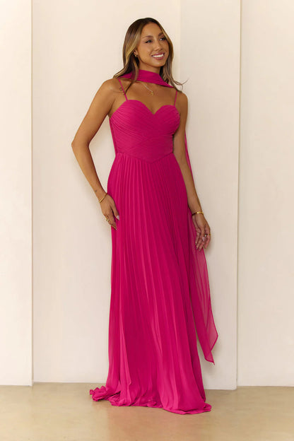 Elegant Spaghetti Strap Sweetheart Neck Open Back Draped Scarf Detail Pleated Chiffon Maxi Evening Dress For Formal Evening Prom Wedding Guest Bridesmaid Cocktail Party Gala