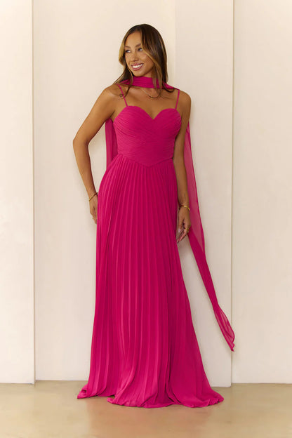Elegant Spaghetti Strap Sweetheart Neck Open Back Draped Scarf Detail Pleated Chiffon Maxi Evening Dress For Formal Evening Prom Wedding Guest Bridesmaid Cocktail Party Gala