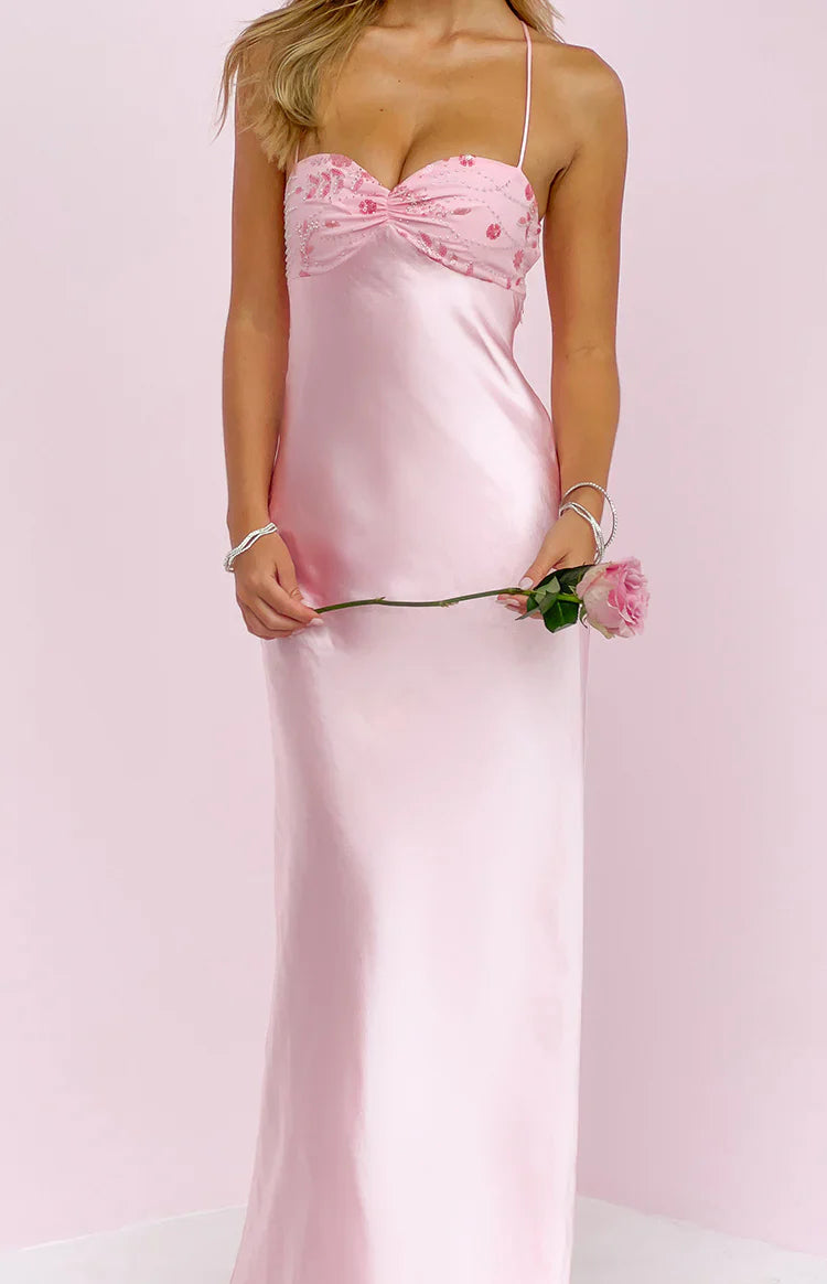 Elegant Spaghetti Strap Sweetheart Neck Open Back Lace Up Detail Beaded Floral Applique Satin Maxi Prom Dress