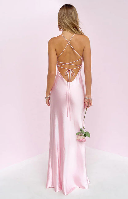 Elegant Spaghetti Strap Sweetheart Neck Open Back Lace Up Detail Beaded Floral Applique Satin Maxi Prom Dress