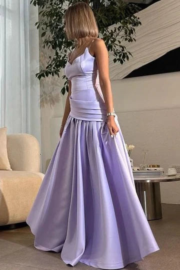 Elegant Spaghetti Strap Sweetheart Neck Open Back Pleated Detail Satin A Line Ball Gown Maxi Evening Dress For Formal Evening Prom Wedding Guest Bridesmaid Cocktail Party Gala