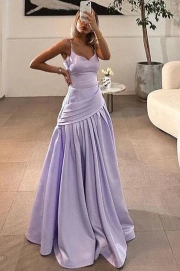 Elegant Spaghetti Strap Sweetheart Neck Open Back Pleated Detail Satin A Line Ball Gown Maxi Evening Dress For Formal Evening Prom Wedding Guest Bridesmaid Cocktail Party Gala