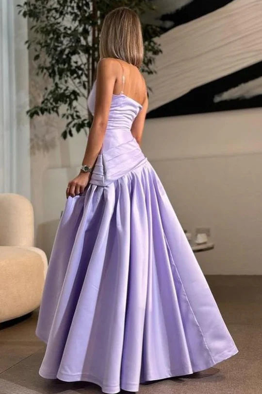 Elegant Spaghetti Strap Sweetheart Neck Open Back Pleated Detail Satin A Line Ball Gown Maxi Evening Dress For Formal Evening Prom Wedding Guest Bridesmaid Cocktail Party Gala
