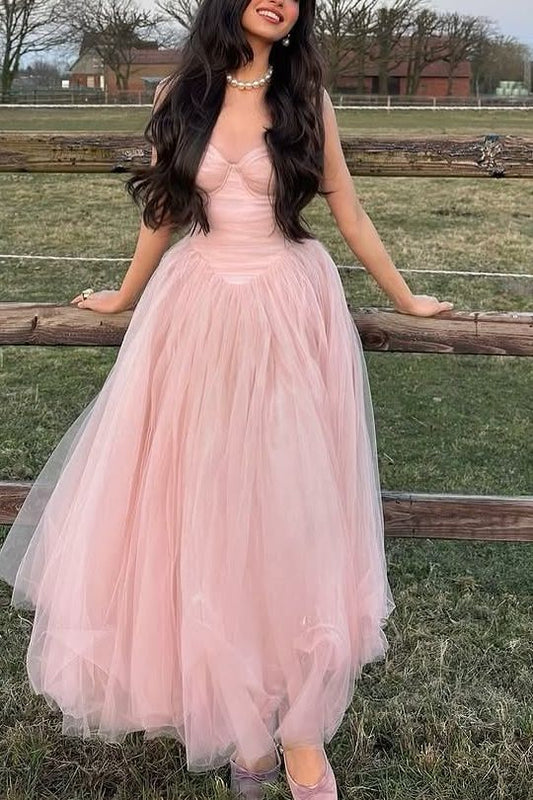 Elegant Spaghetti Strap Sweetheart Neck Open Back Tulle A Line Ball Gown Maxi Evening Dress For Formal Evening Prom Wedding Guest Bridesmaid Cocktail Party Gala