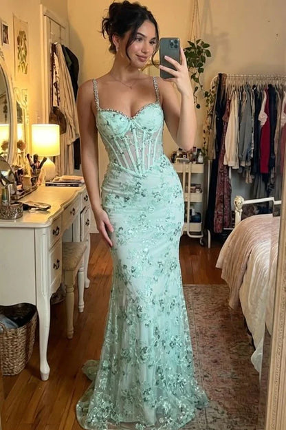 Elegant Spaghetti Strap Sweetheart Neck Rhinestone Trim Sheer Corset Floral Embroidered Sequin Mermaid Maxi Prom Dress With Train For Formal Evening Wedding Guest