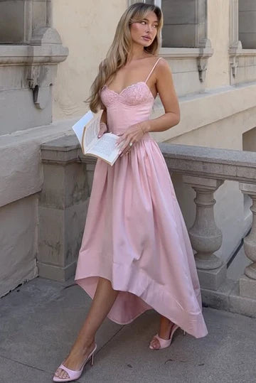 Elegant Spaghetti Strap Sweetheart Neckline Lace Bodice Corset Waist High Low Hem Satin Evening Dress For Formal Evening Bridal Shower Wedding Guest Cocktail Party
