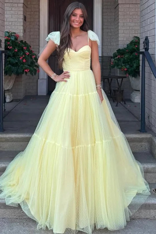 Elegant Spaghetti Strap Sweetheart Neckline Puff Sleeve Detail Tiered Ruffle Tulle A Line Evening Dress With Train For Formal Evening Prom Wedding Guest Bridesmaid Gala
