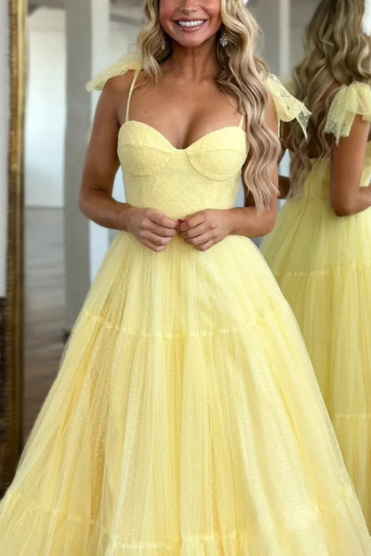 Elegant Spaghetti Strap Sweetheart Neckline Puff Sleeve Detail Tiered Ruffle Tulle A Line Evening Dress With Train For Formal Evening Prom Wedding Guest Bridesmaid Gala