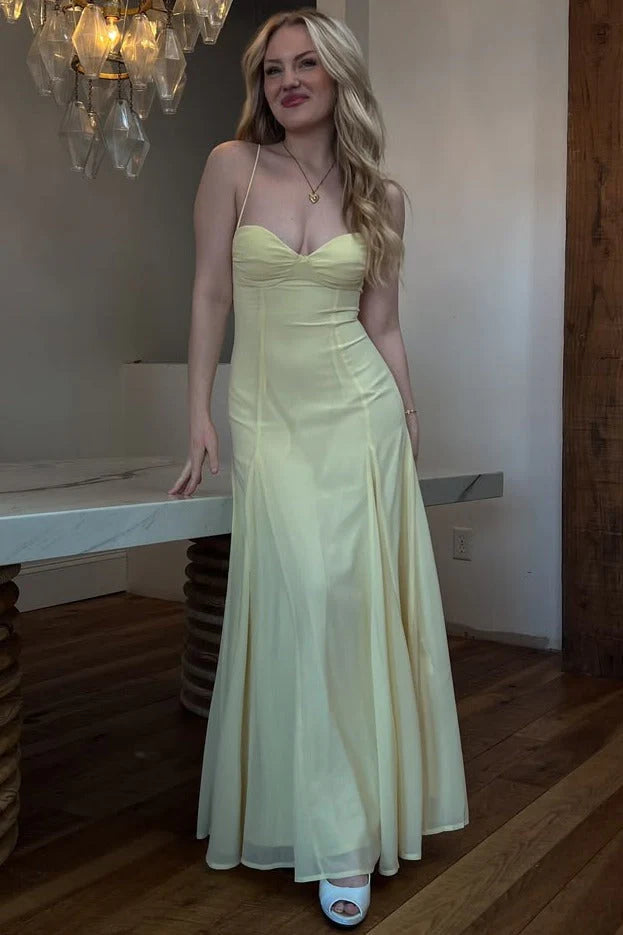 Elegant Spaghetti Strap Sweetheart Ruched Bodice A Line Maxi Prom Dress For Formal Evening Wedding Guest