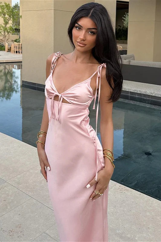 Elegant Spaghetti Strap Tie Detail Cutout Waist Satin Midi Prom Dress For Wedding Guest Bridal Shower Formal Evening