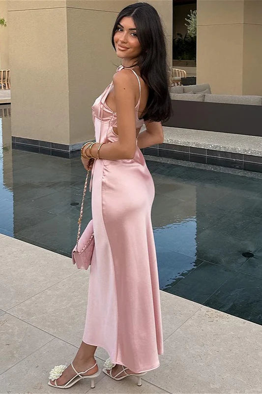 Elegant Spaghetti Strap Tie Detail Cutout Waist Satin Midi Prom Dress For Wedding Guest Bridal Shower Formal Evening