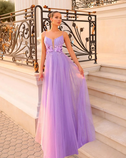 Elegant Spaghetti Strap V Neck 3D Floral Applique Tulle A Line Maxi Prom Dress For Formal Evening Wedding Guest