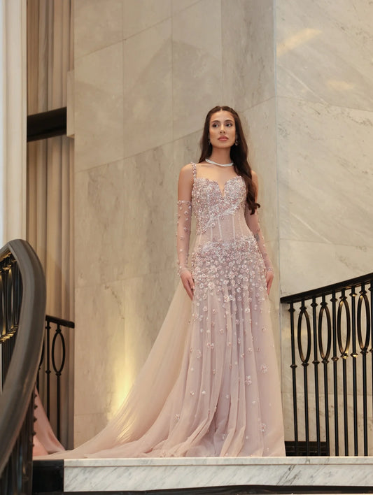 Elegant Spaghetti Strap V Neck 3D Floral Beaded Sheer Sleeve A Line Maxi Prom Dress With Train For Formal Evening Red Carpet