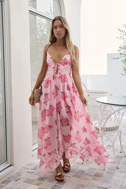 Elegant Spaghetti Strap V Neck Backless Cutout Floral Print Lace Trim High Low Maxi Prom Dress For Wedding Guest Bridal Shower Formal Evening