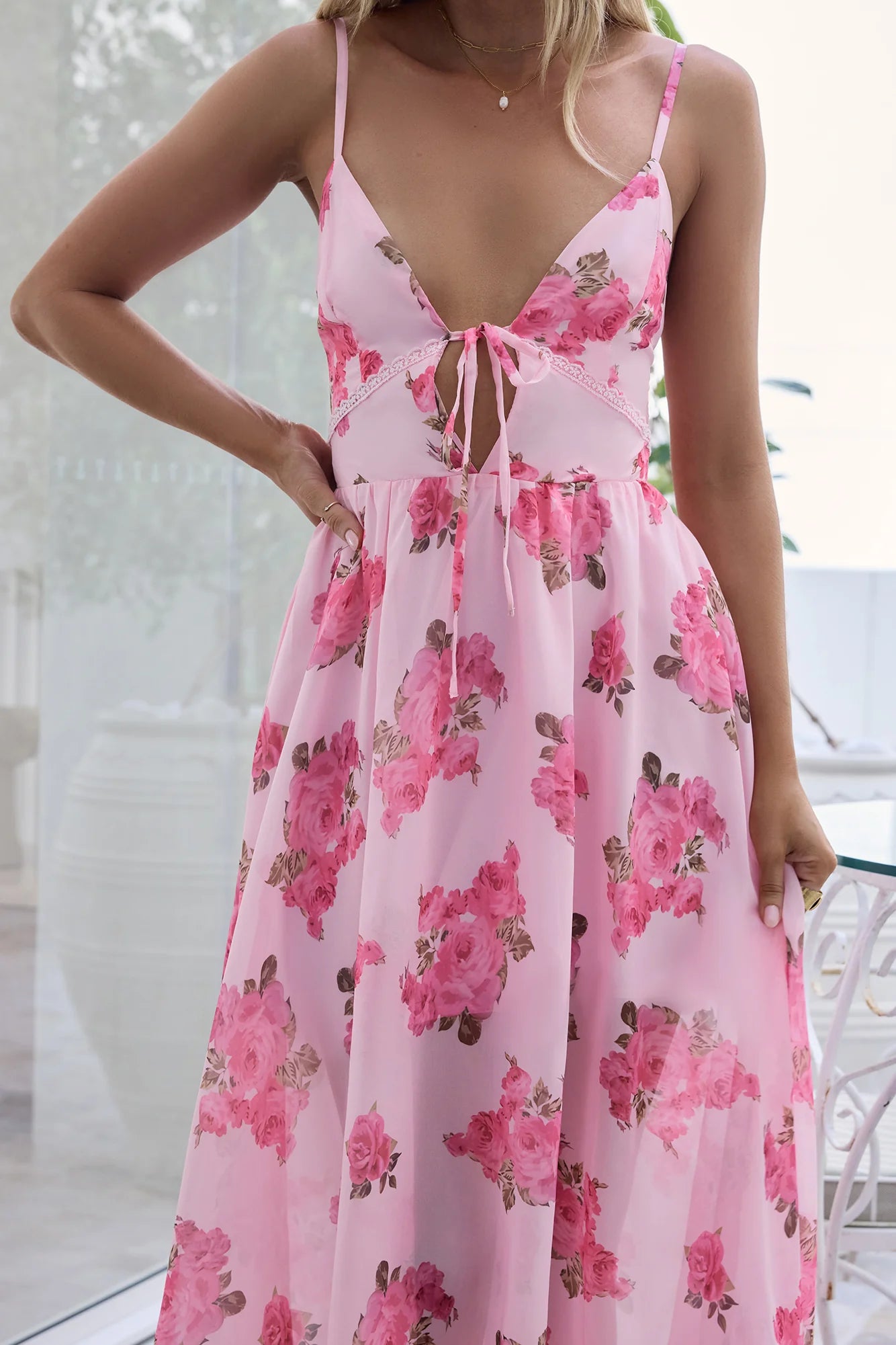Elegant Spaghetti Strap V Neck Backless Cutout Floral Print Lace Trim High Low Maxi Prom Dress For Wedding Guest Bridal Shower Formal Evening