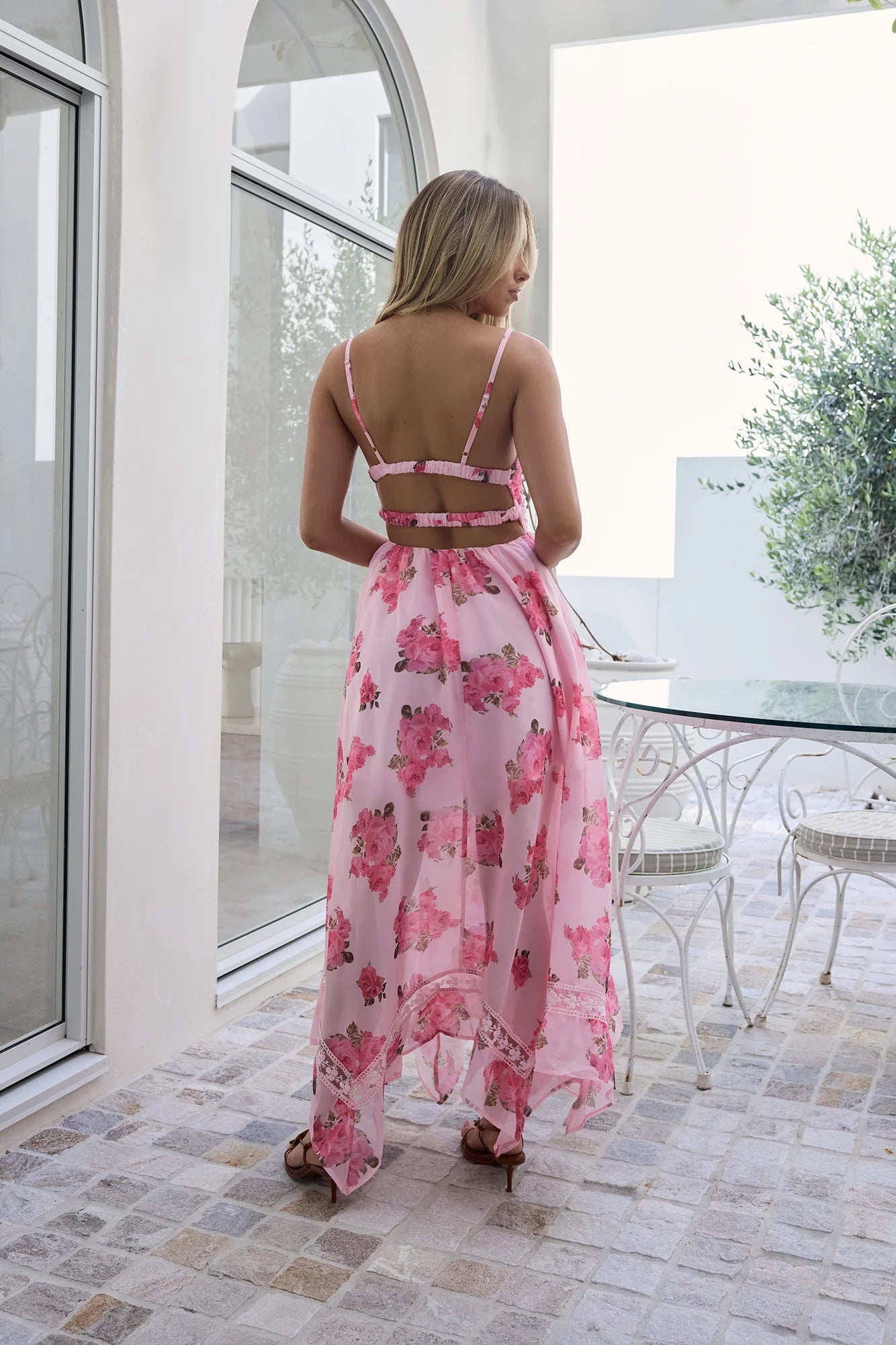 Elegant Spaghetti Strap V Neck Backless Cutout Floral Print Lace Trim High Low Maxi Prom Dress For Wedding Guest Bridal Shower Formal Evening
