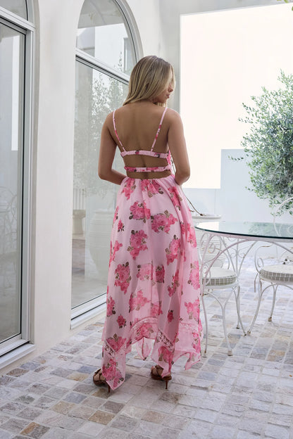 Elegant Spaghetti Strap V Neck Backless Cutout Floral Print Lace Trim High Low Maxi Prom Dress For Wedding Guest Bridal Shower Formal Evening