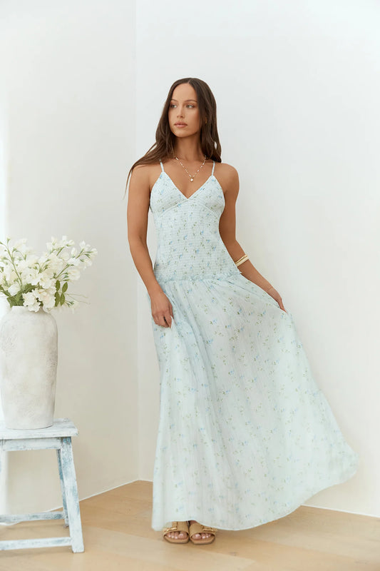 Elegant Spaghetti Strap V Neck Backless Tie Back Shirred Floral Print Flowy A Line Maxi Prom Dress For Wedding Guest Bridal Shower Formal Evening