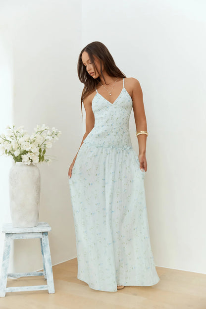 Elegant Spaghetti Strap V Neck Backless Tie Back Shirred Floral Print Flowy A Line Maxi Prom Dress For Wedding Guest Bridal Shower Formal Evening